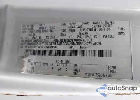 2011 Ford E-250 Commercial from USA, damaged, VIN 1FTNE2EW2BDA39846